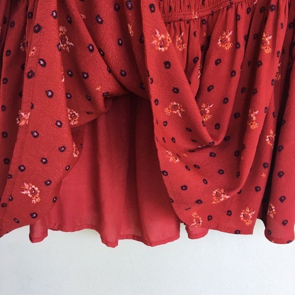 Free People Two Faces Mini Dress Size M Red Smocked Square Neck Cottage Boho - Picture 5 of 10